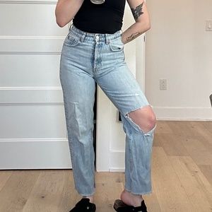 ZARA Women's Light Wash Denim High Waisted Straight Leg Jeans w/ Hole in Knee